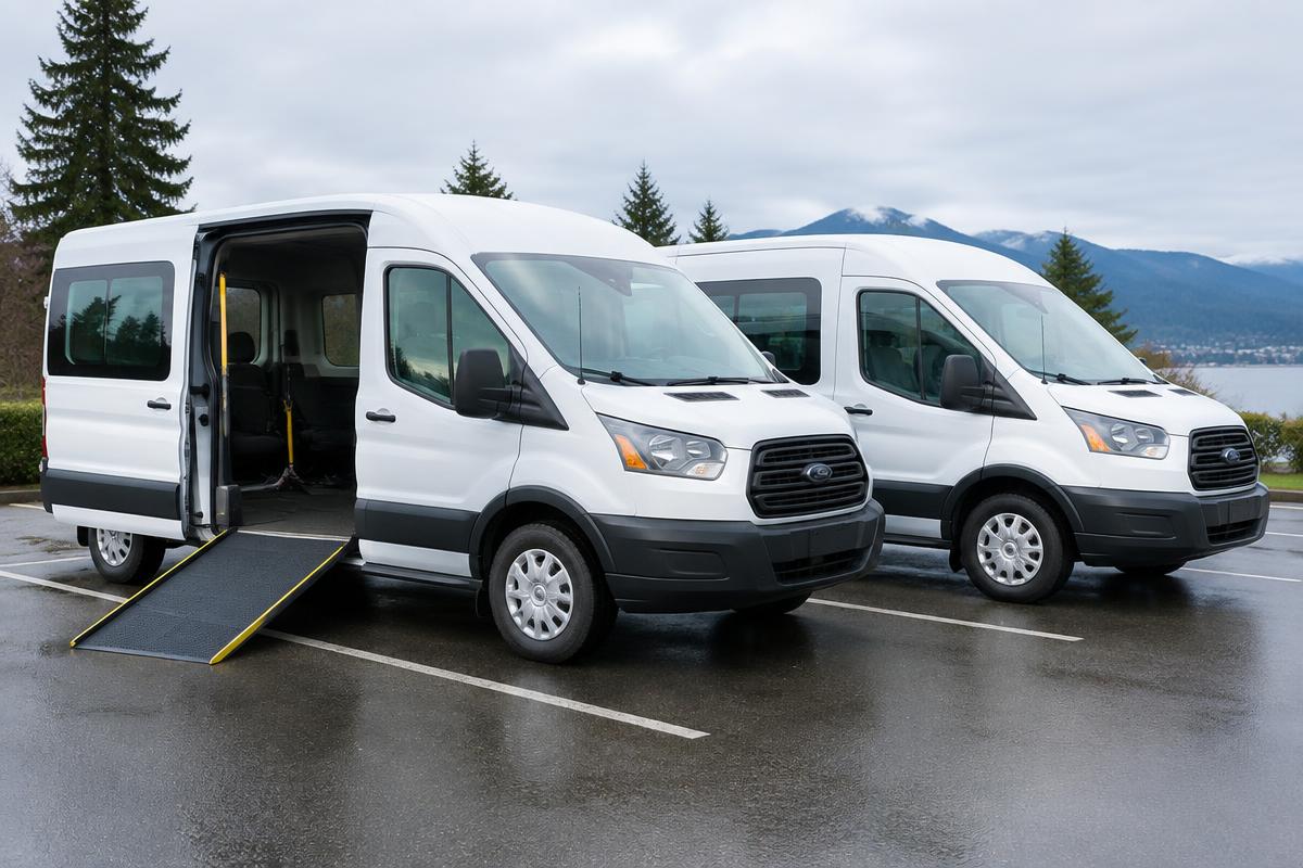 Two white Relieve Ride wheelchair-accessible transport vans, one with its side ramp deployed