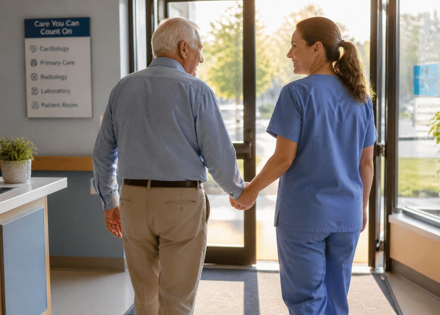 Caregiver walking hand in hand with a senior into a Seattle medical clinic