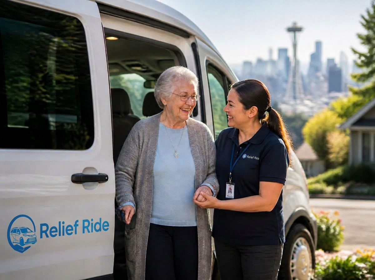 Caring Relieve Ride driver helping a smiling senior passenger out of a medical transport van in Seattle