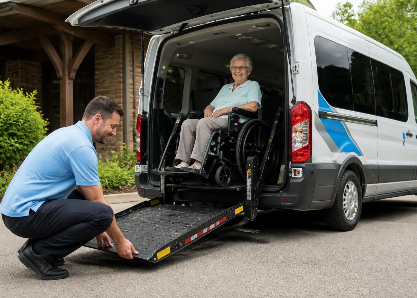 Relief Ride driver lowering a wheelchair ramp for a senior passenger